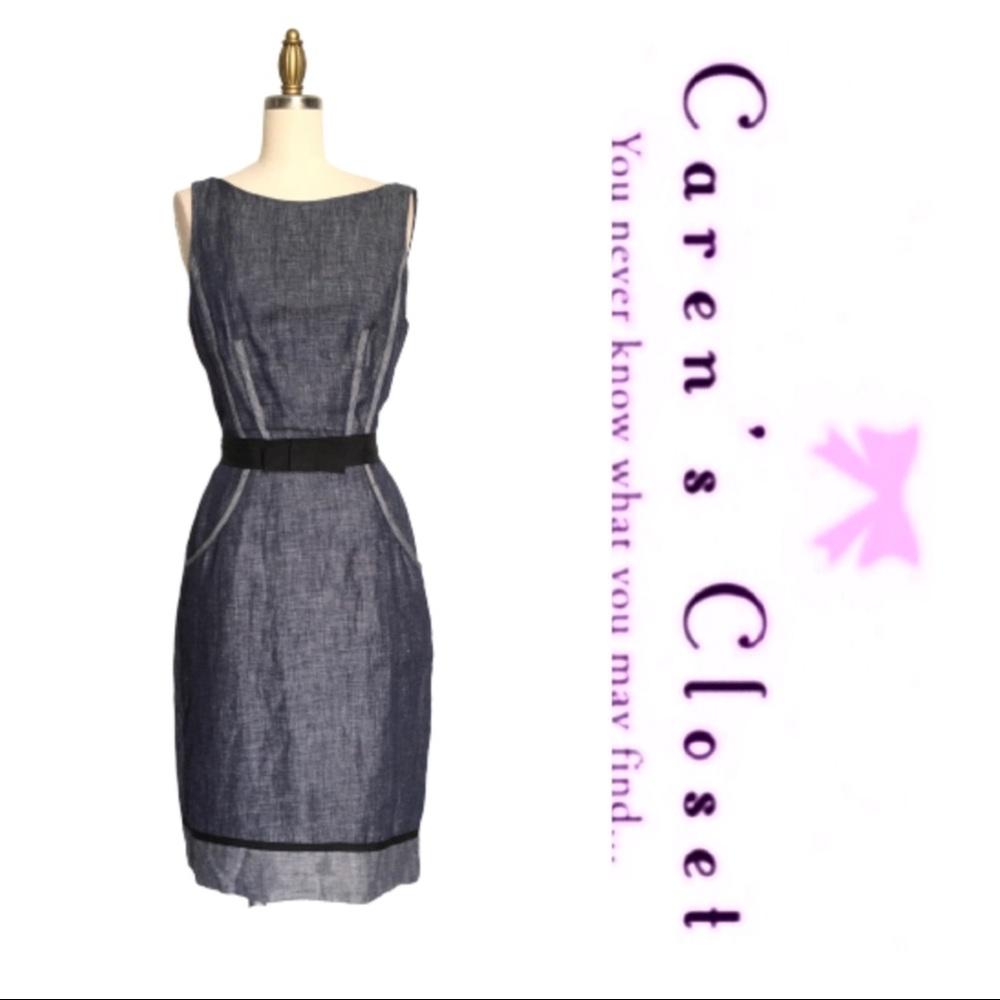 Taylor Blue Linen & Black Ribbon Trimmed Dress